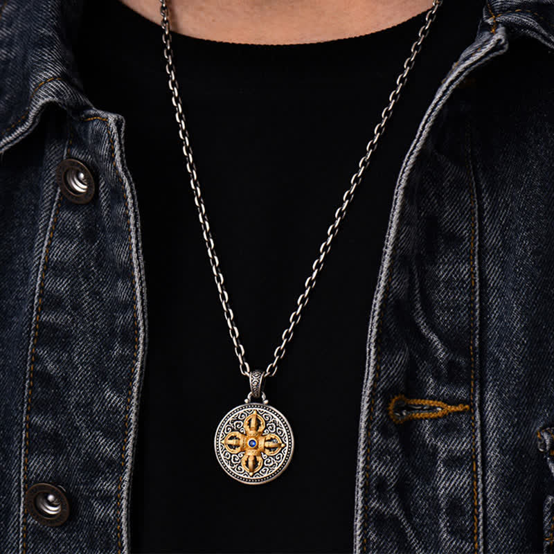 Buddha Stones Tibetan Copper Crossed Vajra Om Mani Padme Hum Wisdom Grounding Round Pendant Necklace - image 4