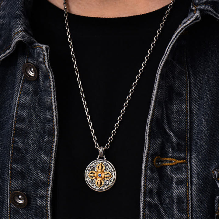 Buddha Stones Tibetan Copper Crossed Vajra Om Mani Padme Hum Wisdom Grounding Round Pendant Necklace - image 4