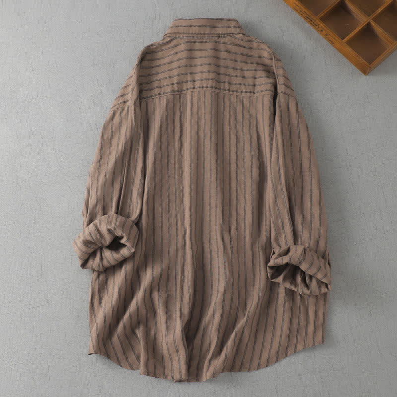 Buddha Stones Spring Fall Casual Vintage Button-Up Striped Women's Long Sleeve Shirts With Patch Pocket - image 1