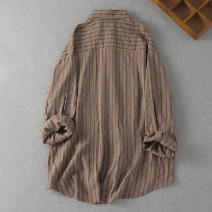Buddha Stones Spring Fall Casual Vintage Button-Up Striped Women's Long Sleeve Shirts With Patch Pocket - image 1