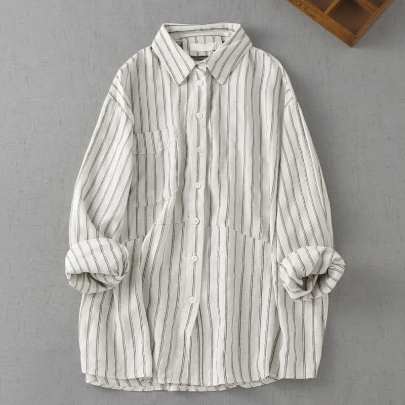 Buddha Stones Spring Fall Casual Vintage Button-Up Striped Women's Long Sleeve Shirts With Patch Pocket - Linen - US8-10, UK/AU12-14, EU40-42 (2XL) - image 4