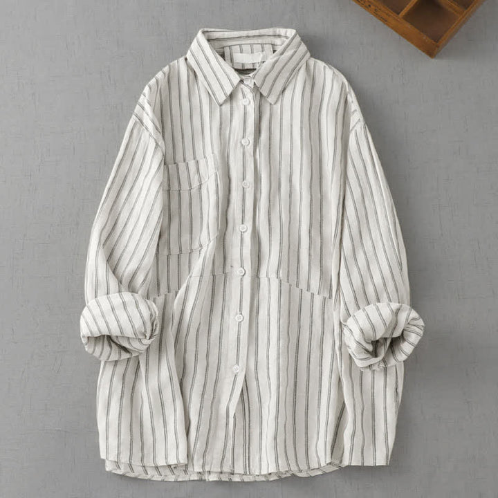 Buddha Stones Spring Fall Casual Vintage Button-Up Striped Women's Long Sleeve Shirts With Patch Pocket - Linen - US8-10, UK/AU12-14, EU40-42 (2XL) - image 4