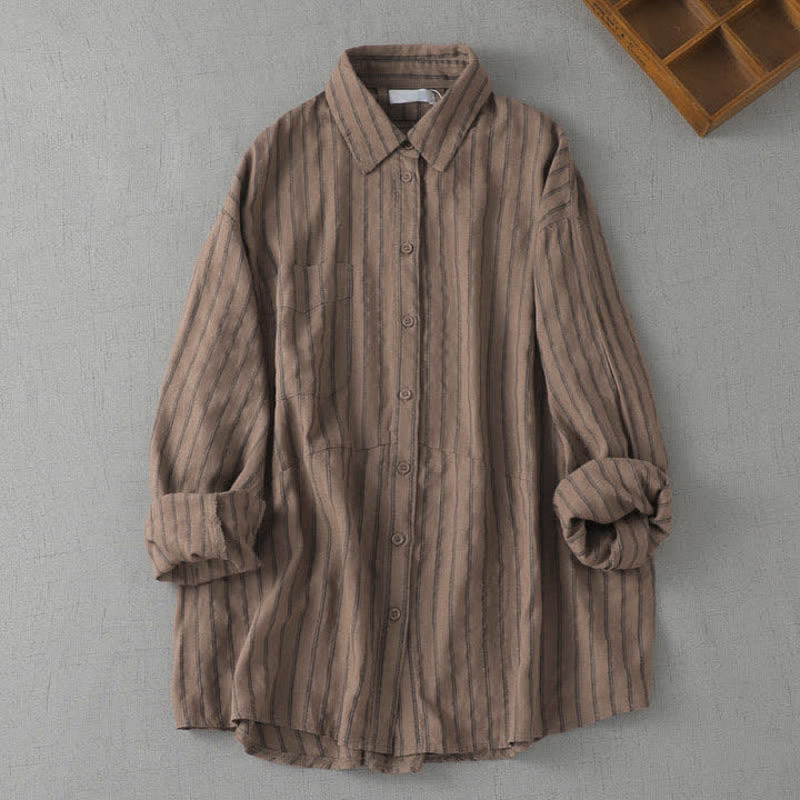 Buddha Stones Spring Fall Casual Vintage Button-Up Striped Women's Long Sleeve Shirts With Patch Pocket - Sienna - US8-10, UK/AU12-14, EU40-42 (2XL) - image 0