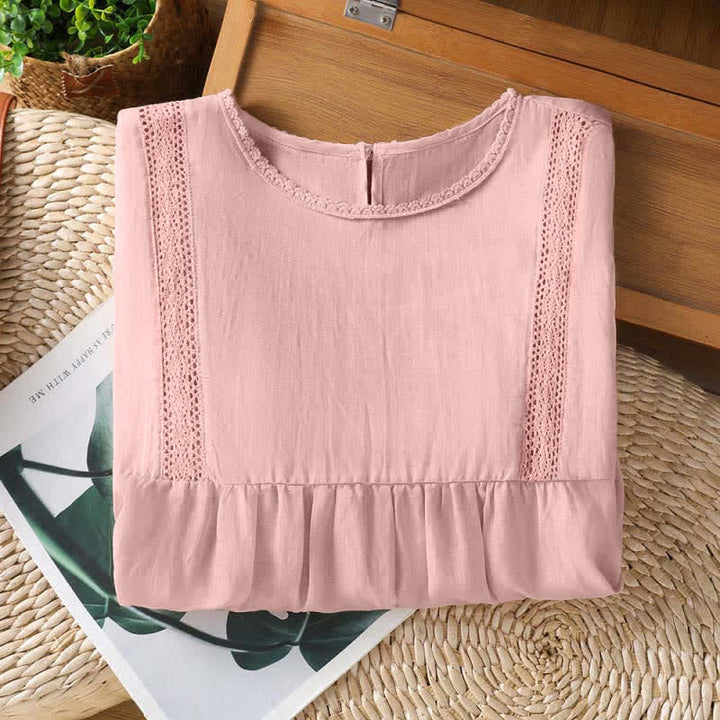 Buddha Stones Summer Casual Elegant Solid Crew Neck Lace Trim Women's Short Sleeve T-Shirts - image 2