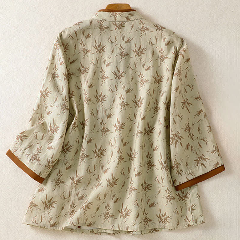 Buddha Stones Spring Summer Tang Style Casual Leaf Print Women's Three-Quarter Sleeve Shirts - image 1