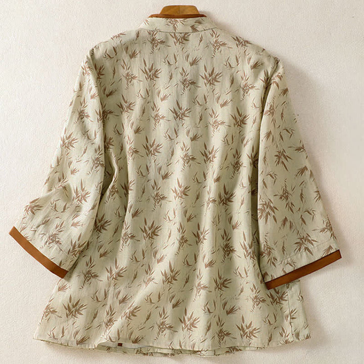 Buddha Stones Spring Summer Tang Style Casual Leaf Print Women's Three-Quarter Sleeve Shirts - image 1