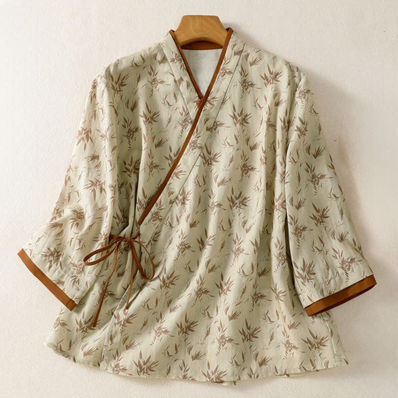 Buddha Stones Spring Summer Tang Style Casual Leaf Print Women's Three-Quarter Sleeve Shirts - Beige - US8-10, UK/AU12-14, EU40-42 (2XL) - image 0