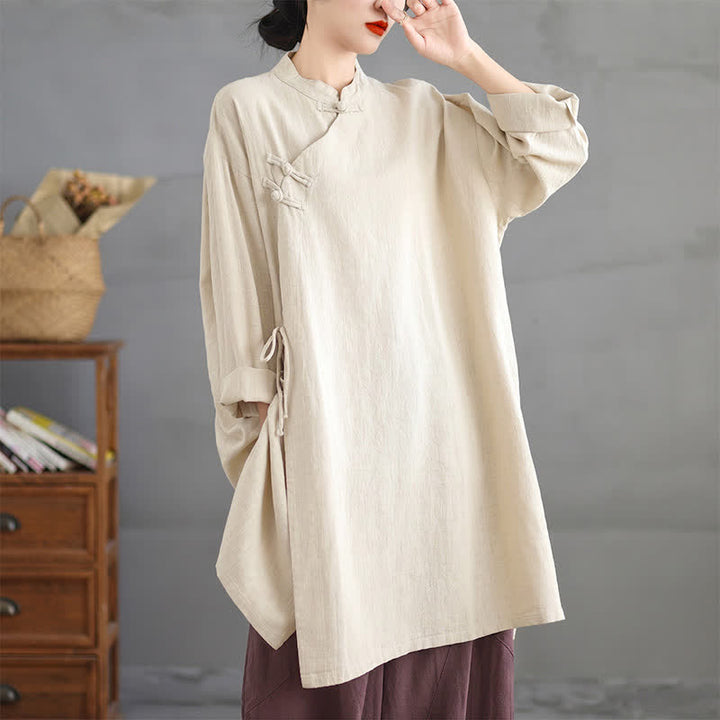 Buddha Stones Spring Fall Tang Style Vintage Mandarin Collar Frog Button Solid Women's Long Sleeve Shirts - image 8