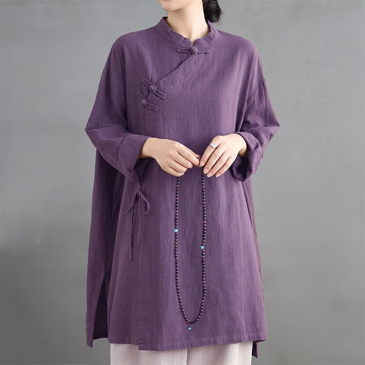 Buddha Stones Spring Fall Tang Style Vintage Mandarin Collar Frog Button Solid Women's Long Sleeve Shirts - image 5