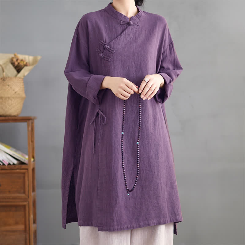 Buddha Stones Spring Fall Tang Style Vintage Mandarin Collar Frog Button Solid Women's Long Sleeve Shirts - Purple - US8-10, UK/AU12-14, EU40-42 (2XL) - image 0