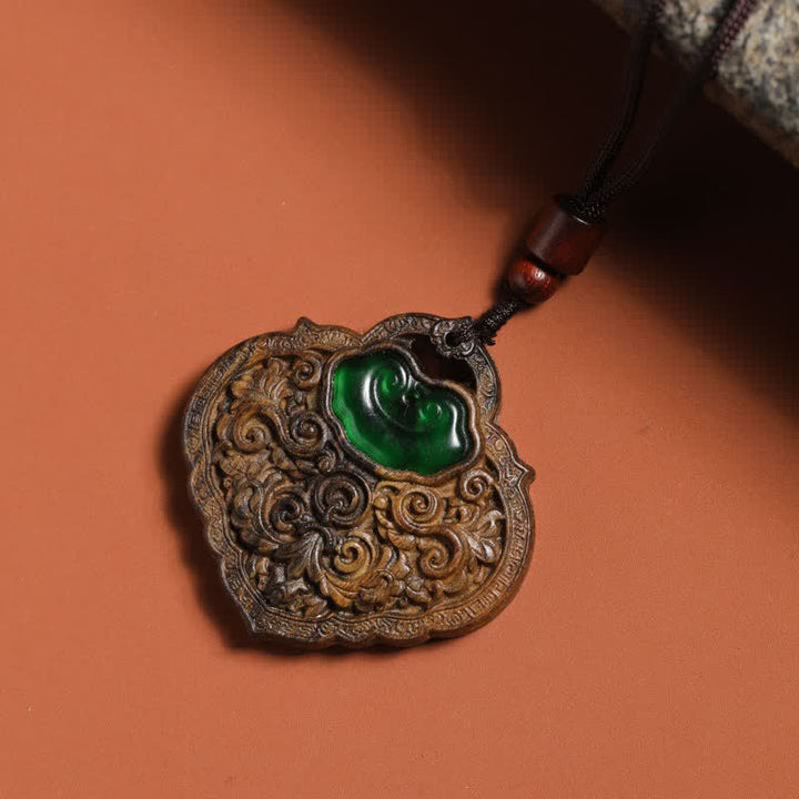 Buddha Stones Sappanwood Carved Green Agate Luck Lock of Good Wishes Necklace - image 3