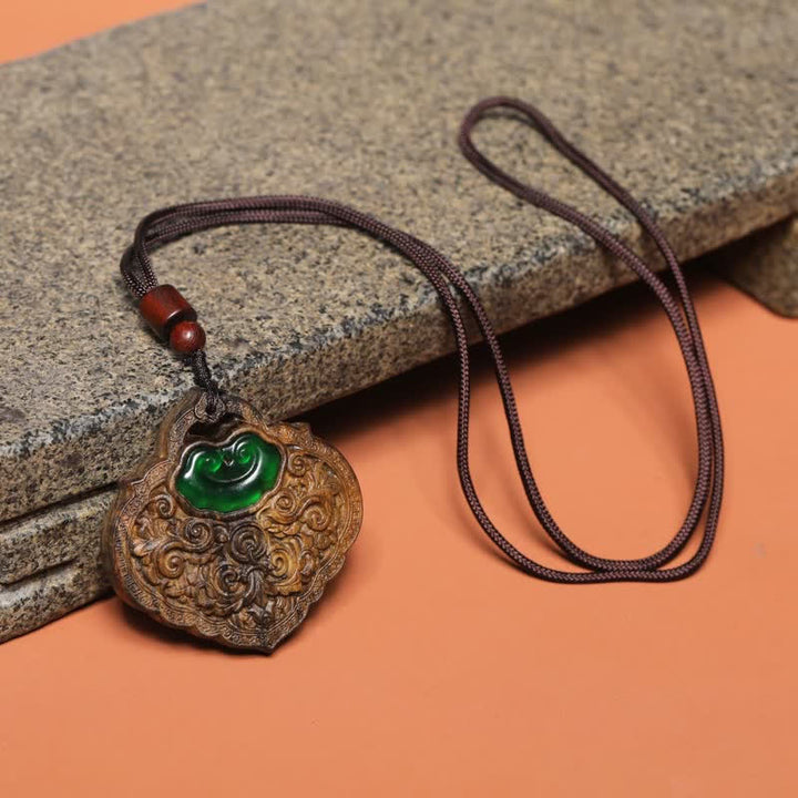 Buddha Stones Sappanwood Carved Green Agate Luck Lock of Good Wishes Necklace - image 1