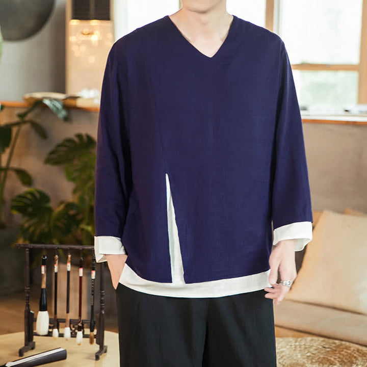 Buddha Stones Spring Fall Casual Minimalist Side Slit Solid Men's Long Sleeve T-Shirts - image 3