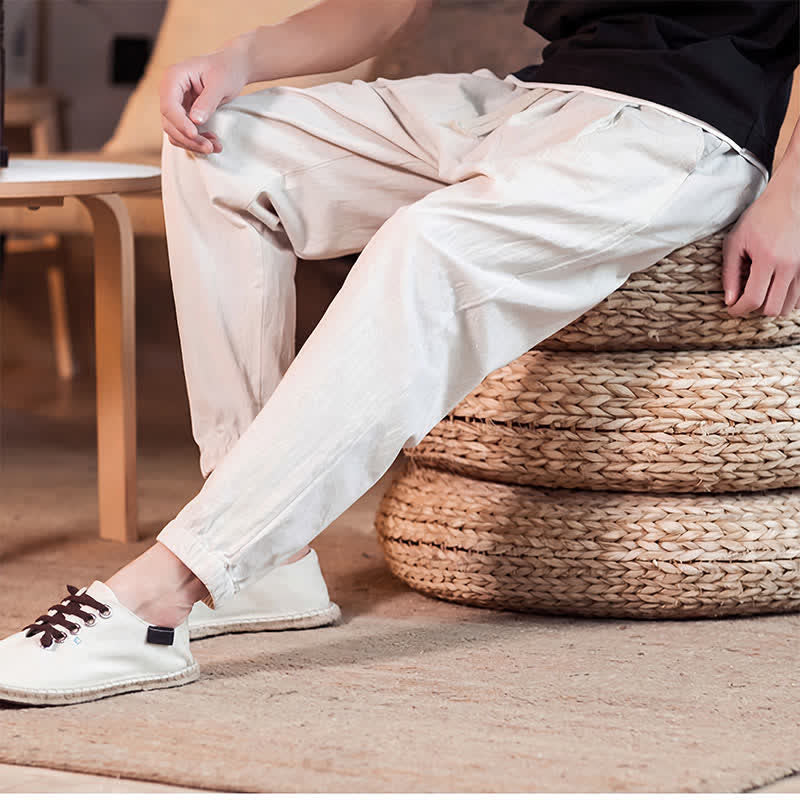 Buddha Stones Spring Summer Casual Minimalist Drawstring Solid Cropped Pants Men's Tapered Pants With Pocket - image 35