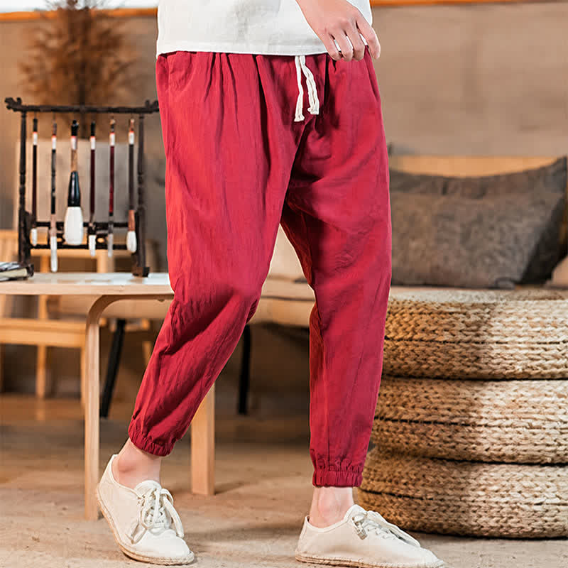 Buddha Stones Spring Summer Casual Minimalist Drawstring Solid Cropped Pants Men's Tapered Pants With Pocket - image 44