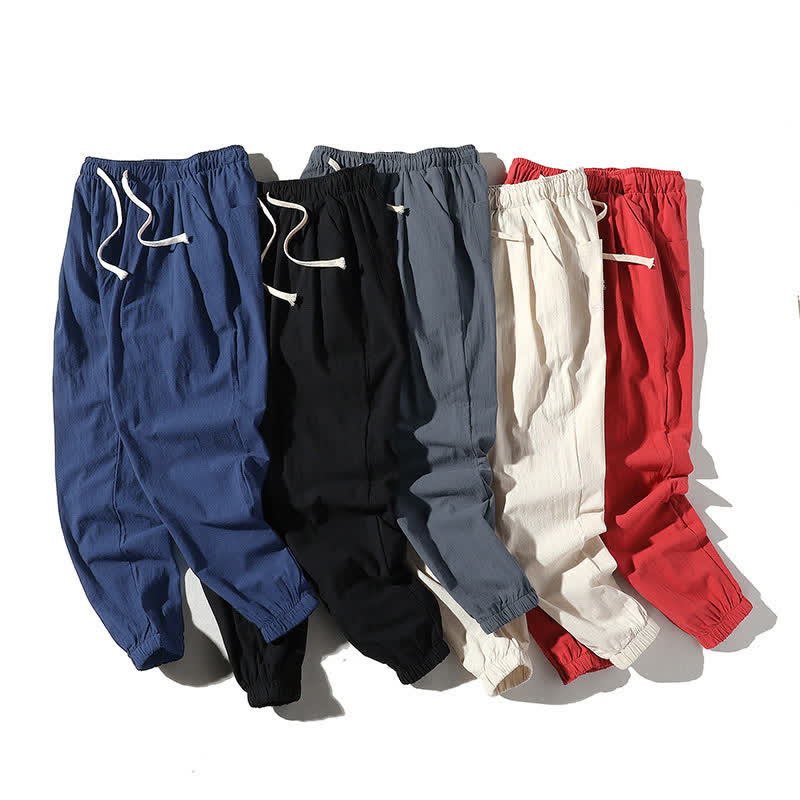 Buddha Stones Spring Summer Casual Minimalist Drawstring Solid Cropped Pants Men's Tapered Pants With Pocket - image 49
