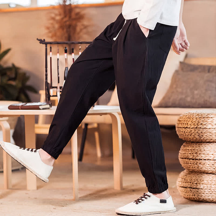Buddha Stones Spring Summer Casual Minimalist Drawstring Solid Cropped Pants Men's Tapered Pants With Pocket - image 25