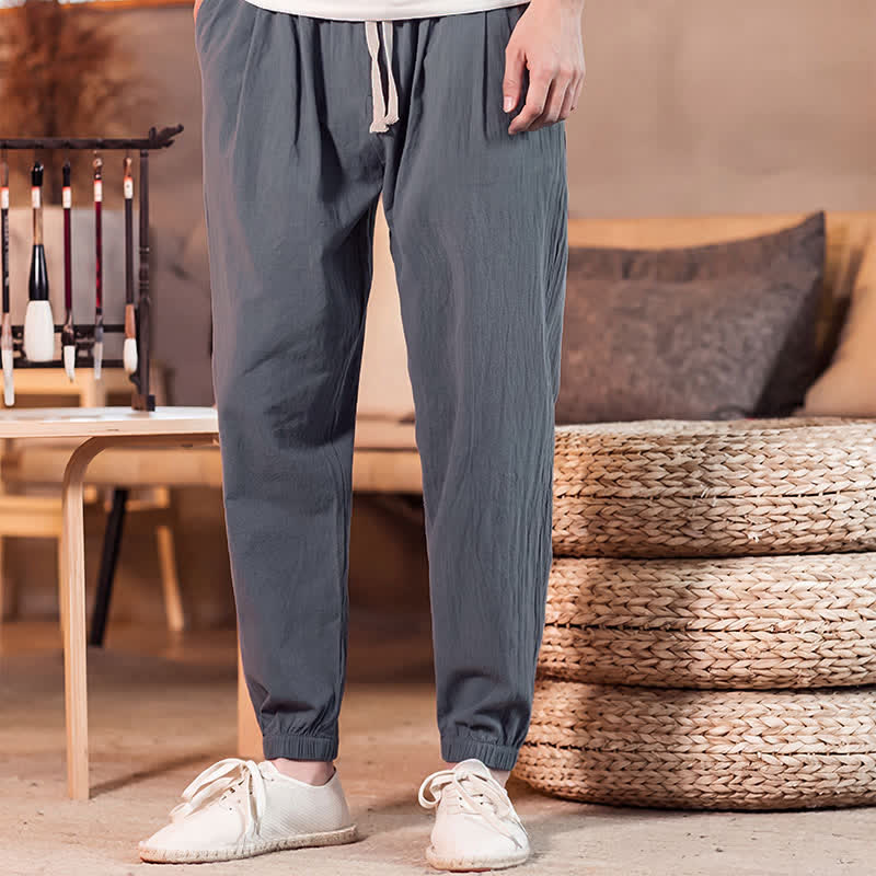 Buddha Stones Spring Summer Casual Minimalist Drawstring Solid Cropped Pants Men's Tapered Pants With Pocket - image 18
