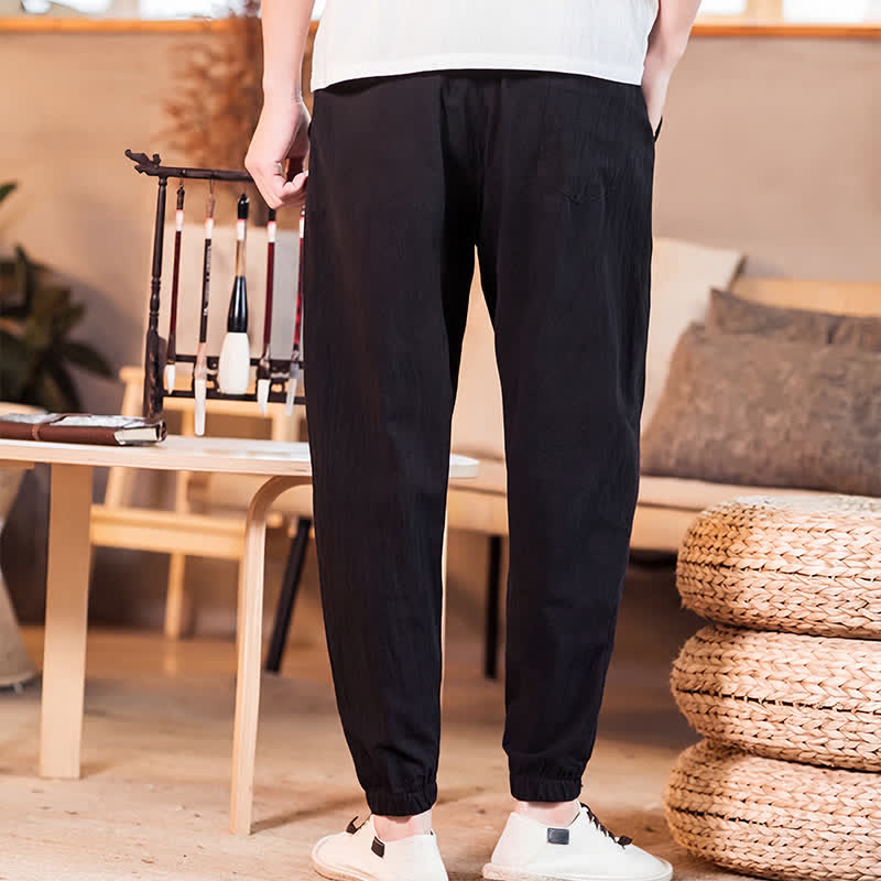 Buddha Stones Spring Summer Casual Minimalist Drawstring Solid Cropped Pants Men's Tapered Pants With Pocket - image 23