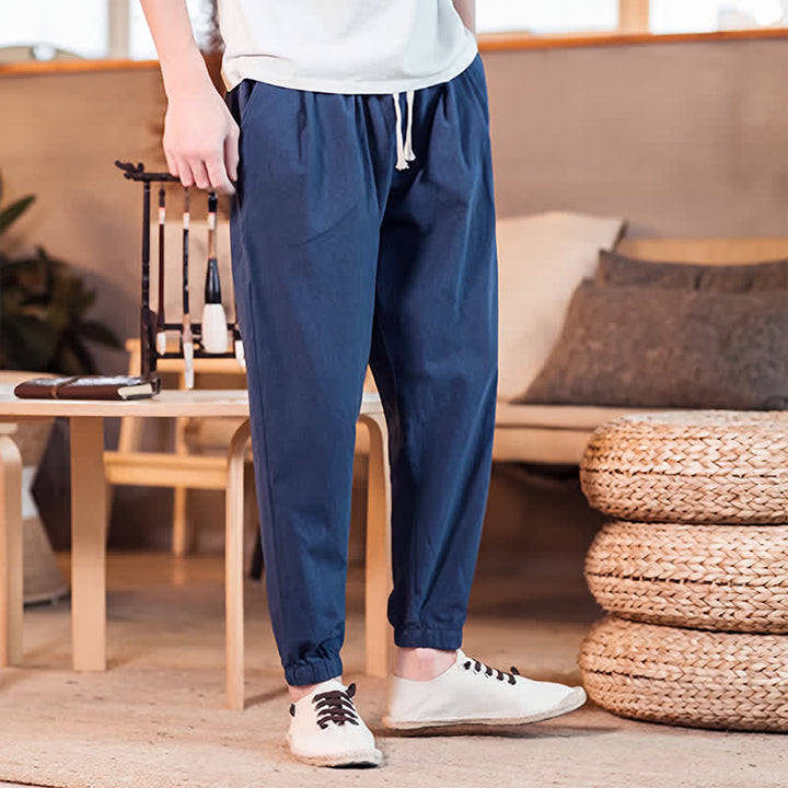 Buddha Stones Spring Summer Casual Minimalist Drawstring Solid Cropped Pants Men's Tapered Pants With Pocket - image 4