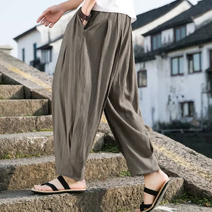 Buddha Stones Summer Casual Drawstring Solid Cropped Pants Men's Straight Leg Pants With Pocket - image 3