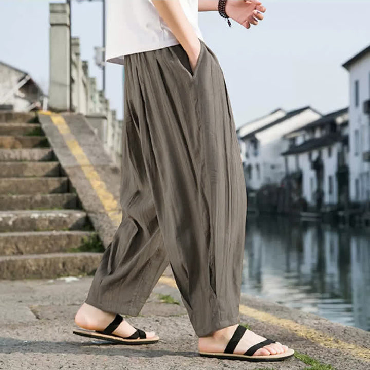 Buddha Stones Summer Casual Drawstring Solid Cropped Pants Men's Straight Leg Pants With Pocket - image 4