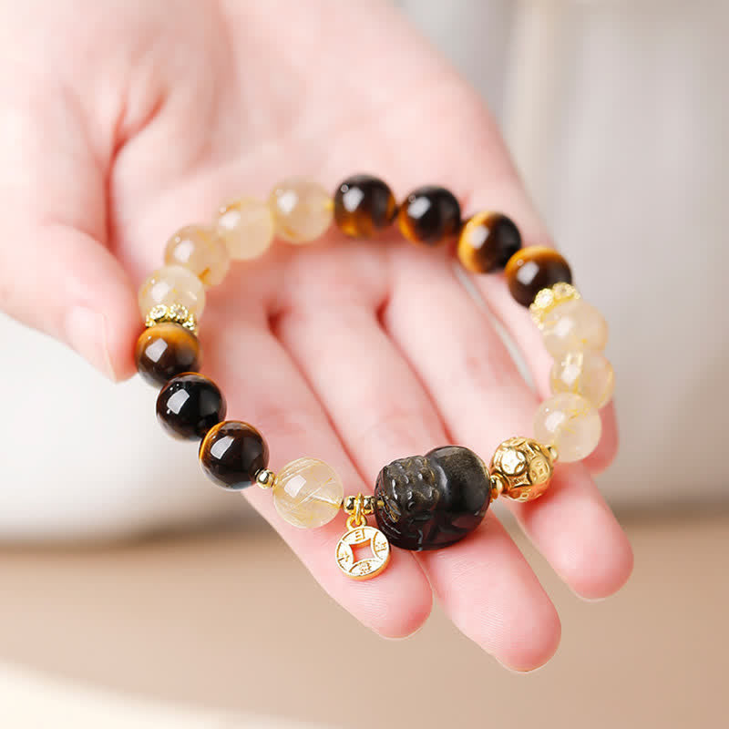 Buddha Stones Feng Shui Tiger Eye Pi Xiu Golden Rutilated Quartz Wealth Beaded Bracelet - image 10