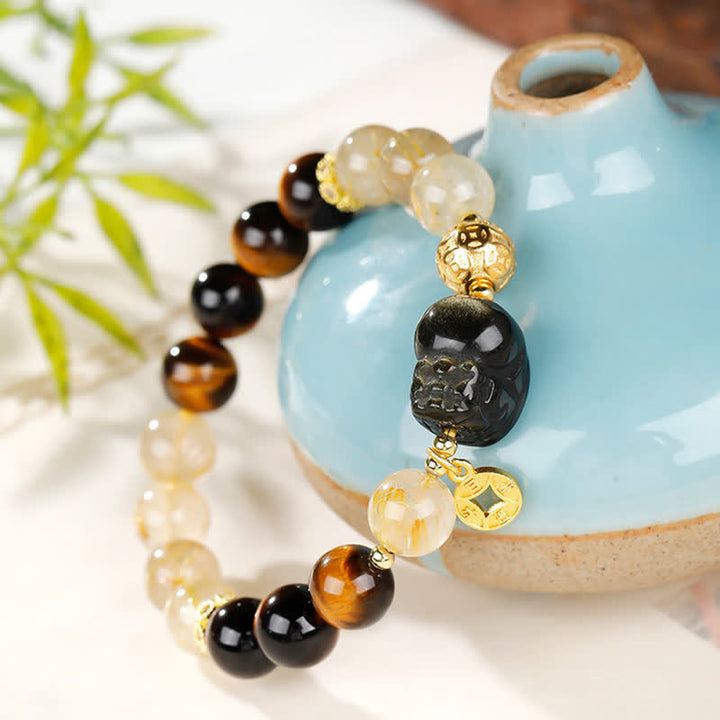 Buddha Stones Feng Shui Tiger Eye Pi Xiu Golden Rutilated Quartz Wealth Beaded Bracelet - image 3