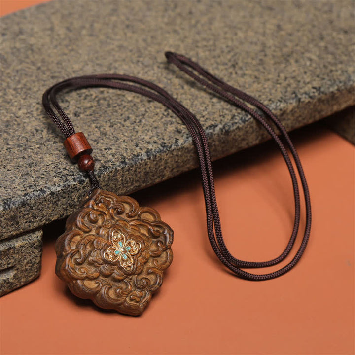 Buddha Stones Sappanwood Carved Tang Dynasty Flower Harmony Necklace - image 1