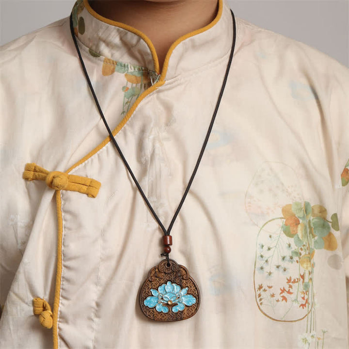 Buddha Stones Sappanwood Lotus Purity Enamel Inlaid Braided Rope Necklace - image 5