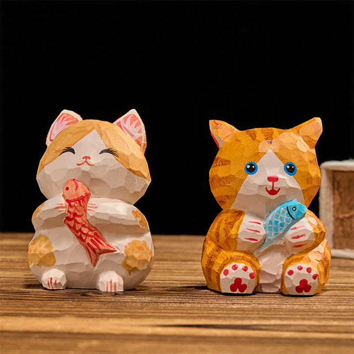 Buddha Stones Natural Wood Hand Painted Lucky Cat Wealth Cute Animal Decor - image 10