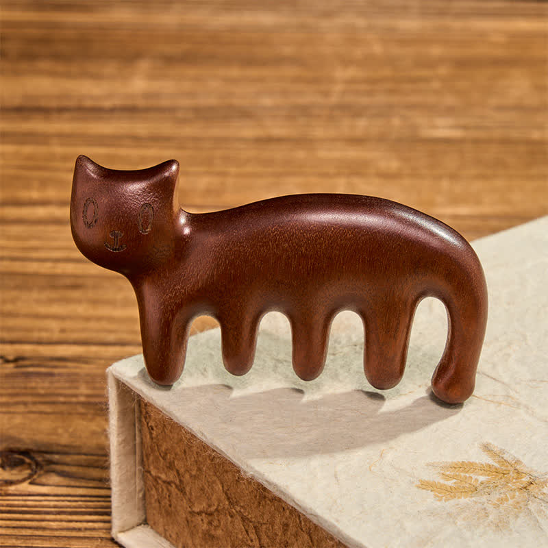 Buddha Stones Hand-Polished Sandalwood Cat Shape Grounding Massage Comb - Textured Natural Wood(Grounding ♥ Balance) - image 0