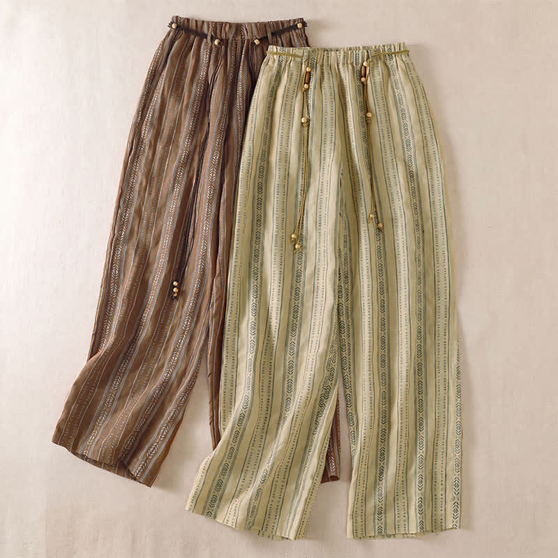 Buddha Stones Spring Summer Casual Boho Drawstring Striped Ankle Pants Women's Straight Leg Pants With Pocket - image 17
