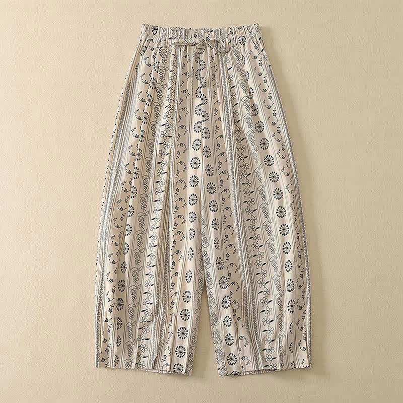 Buddha Stones Spring Summer Casual Boho Drawstring Striped Branch Star Capri Pants Women's Harem Pants With Pocket - White - US8-10, UK/AU12-14, EU40-42 (2XL) - image 0