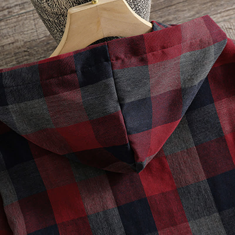 Buddha Stones Fall Casual Vintage Button-Up Drawstring Plaid Women's Hoodies With Pocket - image 25