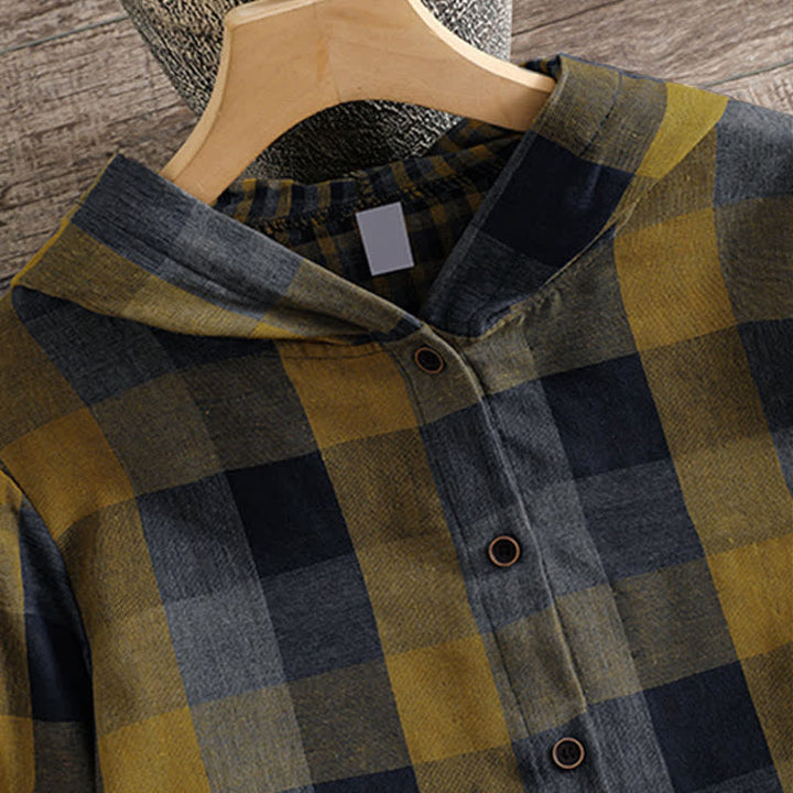 Buddha Stones Fall Casual Vintage Button-Up Drawstring Plaid Women's Hoodies With Pocket - image 2