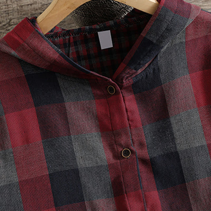Buddha Stones Fall Casual Vintage Button-Up Drawstring Plaid Women's Hoodies With Pocket - image 26