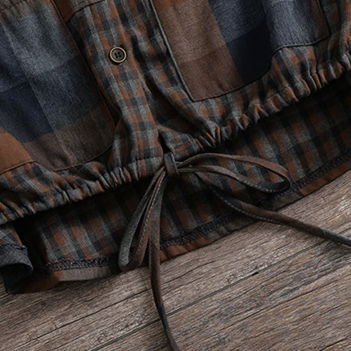 Buddha Stones Fall Casual Vintage Button-Up Drawstring Plaid Women's Hoodies With Pocket - image 21
