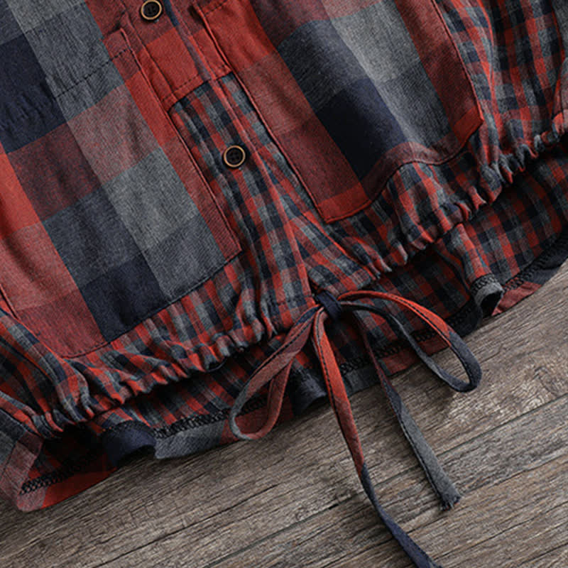 Buddha Stones Fall Casual Vintage Button-Up Drawstring Plaid Women's Hoodies With Pocket - image 39