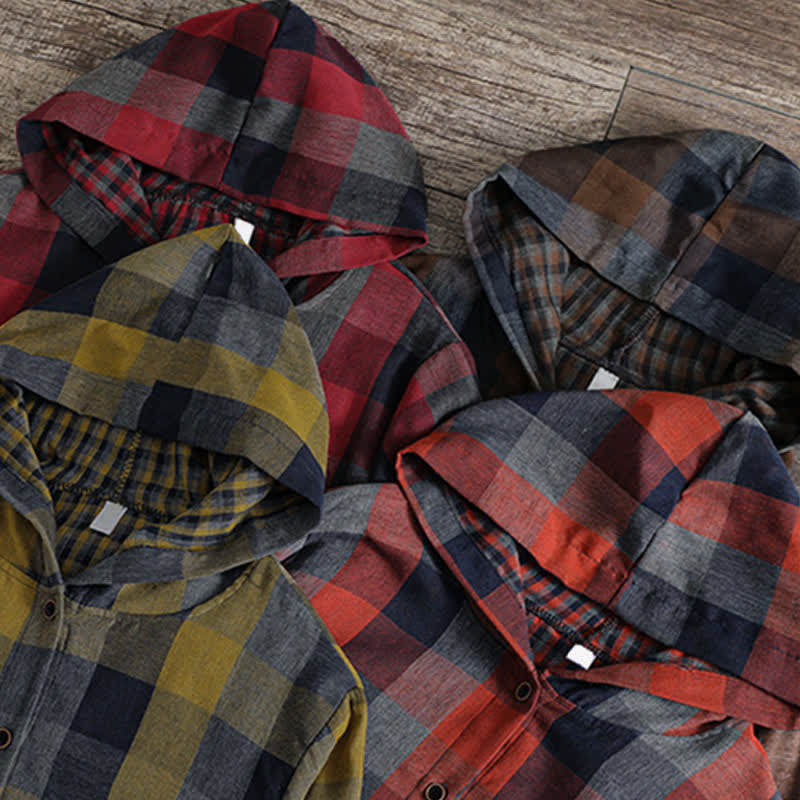Buddha Stones Fall Casual Vintage Button-Up Drawstring Plaid Women's Hoodies With Pocket - image 41