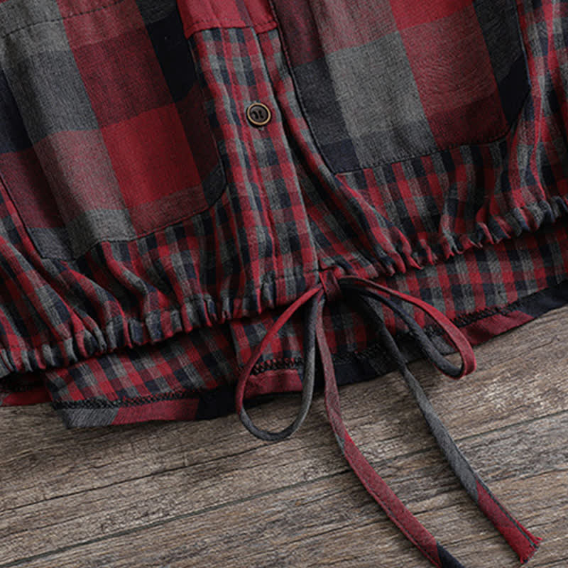 Buddha Stones Fall Casual Vintage Button-Up Drawstring Plaid Women's Hoodies With Pocket - image 31