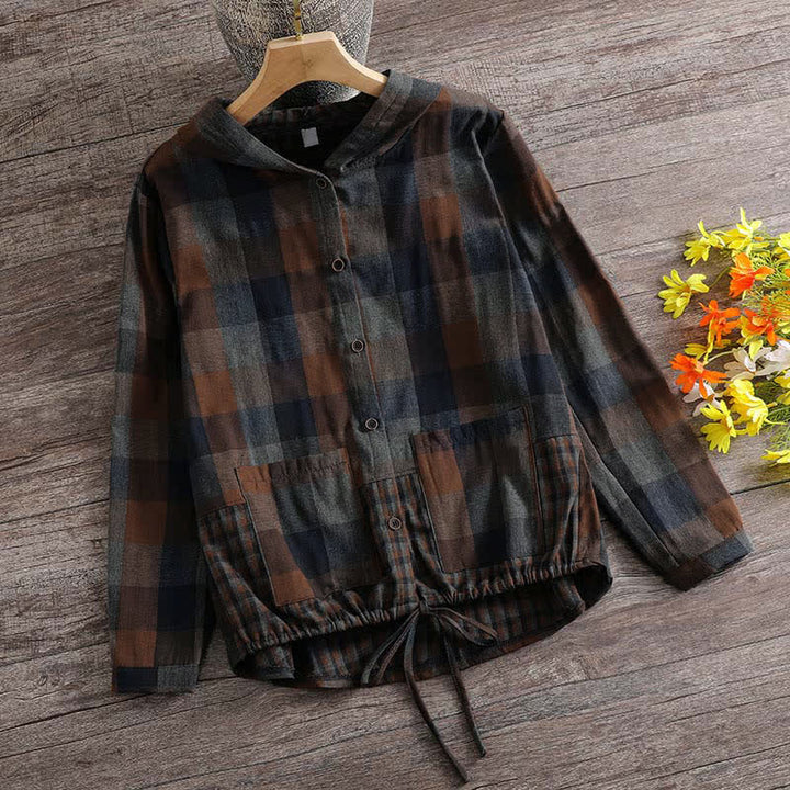 Buddha Stones Fall Casual Vintage Button-Up Drawstring Plaid Women's Hoodies With Pocket - SaddleBrown - US8-10, UK/AU12-14, EU40-42 (2XL) - image 13