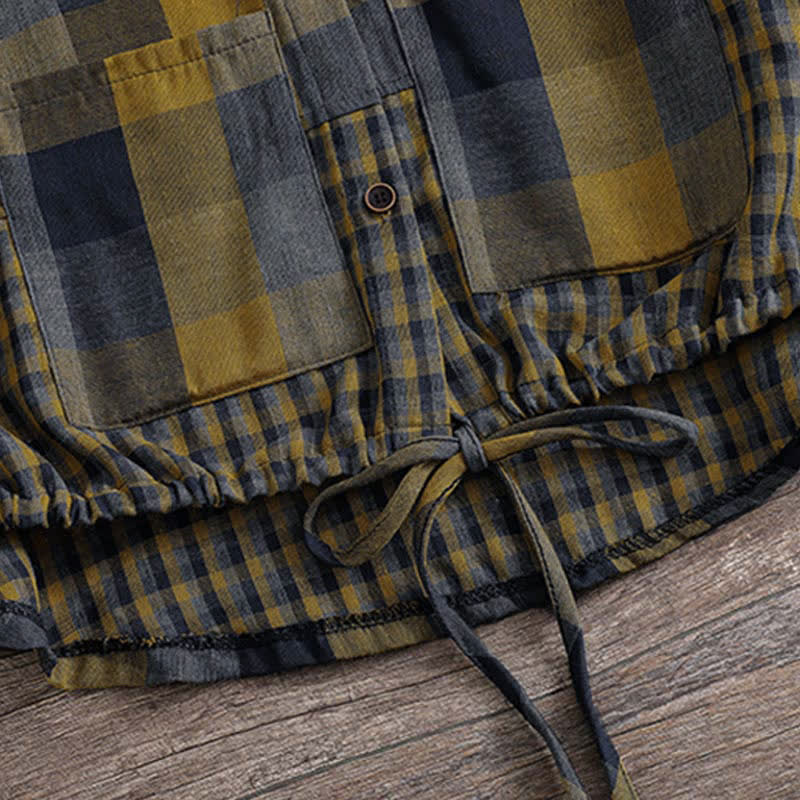Buddha Stones Fall Casual Vintage Button-Up Drawstring Plaid Women's Hoodies With Pocket - image 9