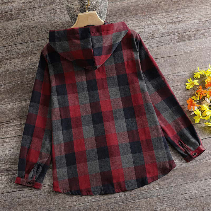 Buddha Stones Fall Casual Vintage Button-Up Drawstring Plaid Women's Hoodies With Pocket - image 24