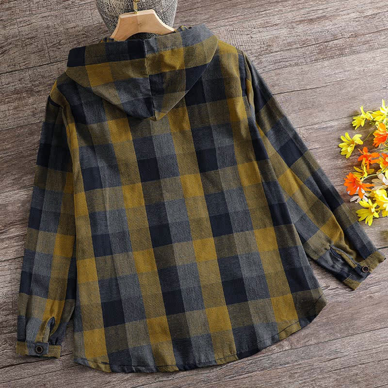 Buddha Stones Fall Casual Vintage Button-Up Drawstring Plaid Women's Hoodies With Pocket - image 1