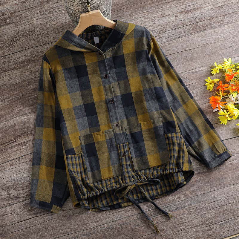 Buddha Stones Fall Casual Vintage Button-Up Drawstring Plaid Women's Hoodies With Pocket - Goldenrod - US8-10, UK/AU12-14, EU40-42 (2XL) - image 0
