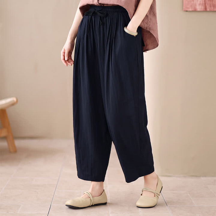 Buddha Stones Spring Summer Casual Minimalist Drawstring Solid Cropped Pants Women's Harem Pants With Pocket - Navy - US4-6, UK/AU8-10, EU36-38 (F) - image 4