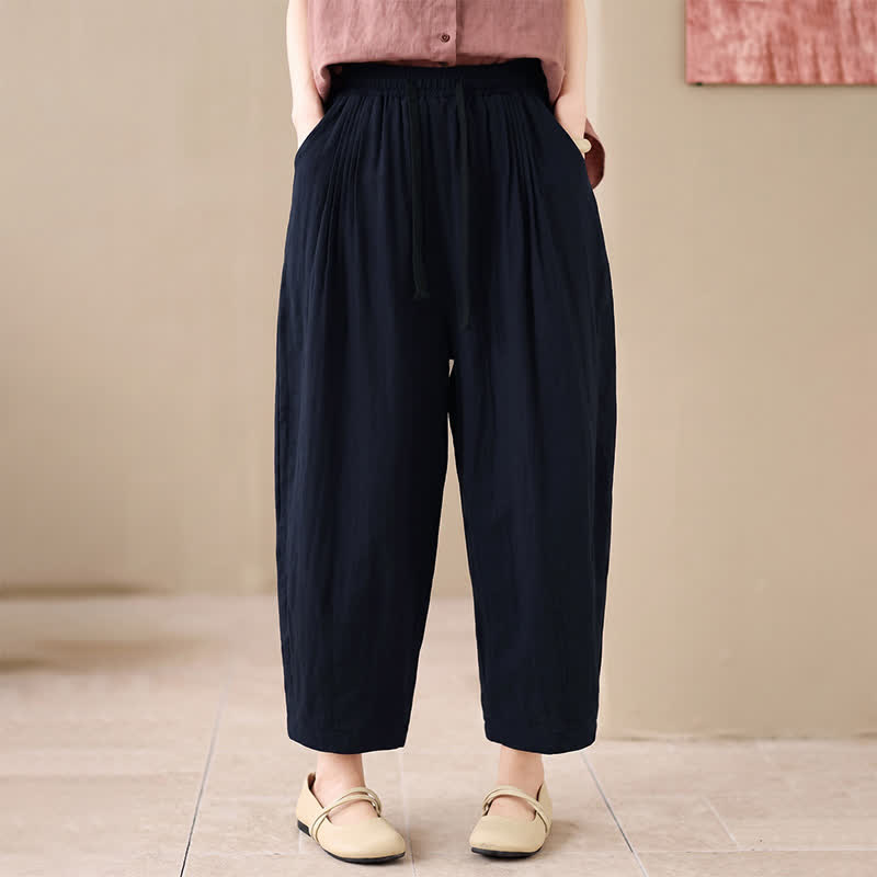 Buddha Stones Spring Summer Casual Minimalist Drawstring Solid Cropped Pants Women's Harem Pants With Pocket - image 5