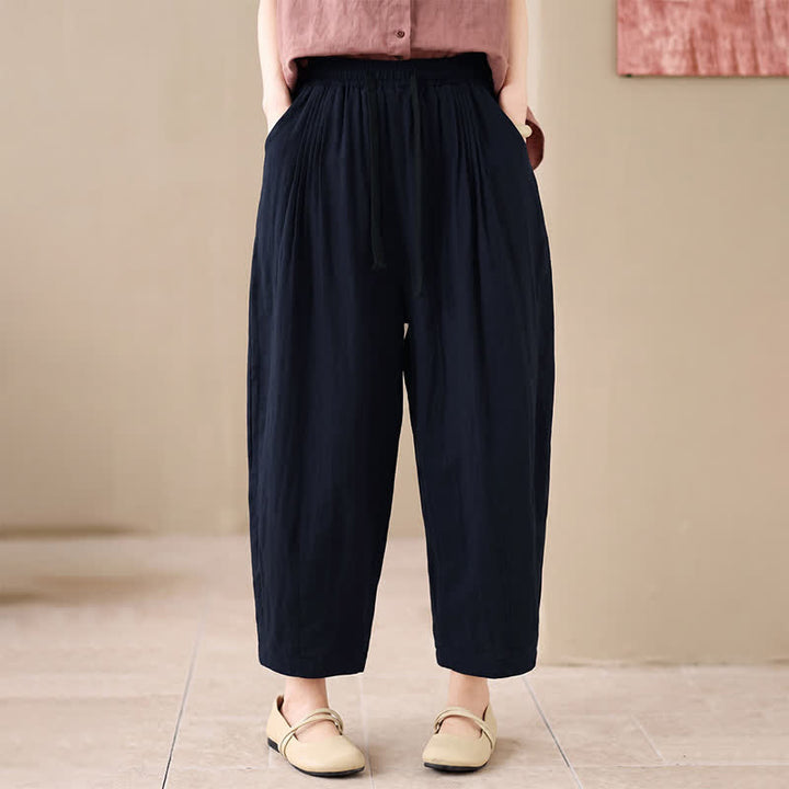 Buddha Stones Spring Summer Casual Minimalist Drawstring Solid Cropped Pants Women's Harem Pants With Pocket - image 5