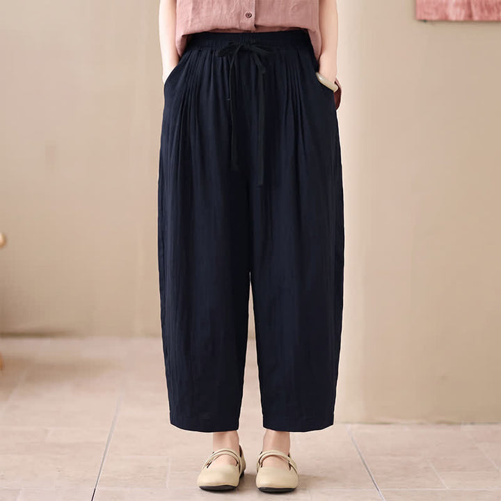 Buddha Stones Spring Summer Casual Minimalist Drawstring Solid Cropped Pants Women's Harem Pants With Pocket - image 7